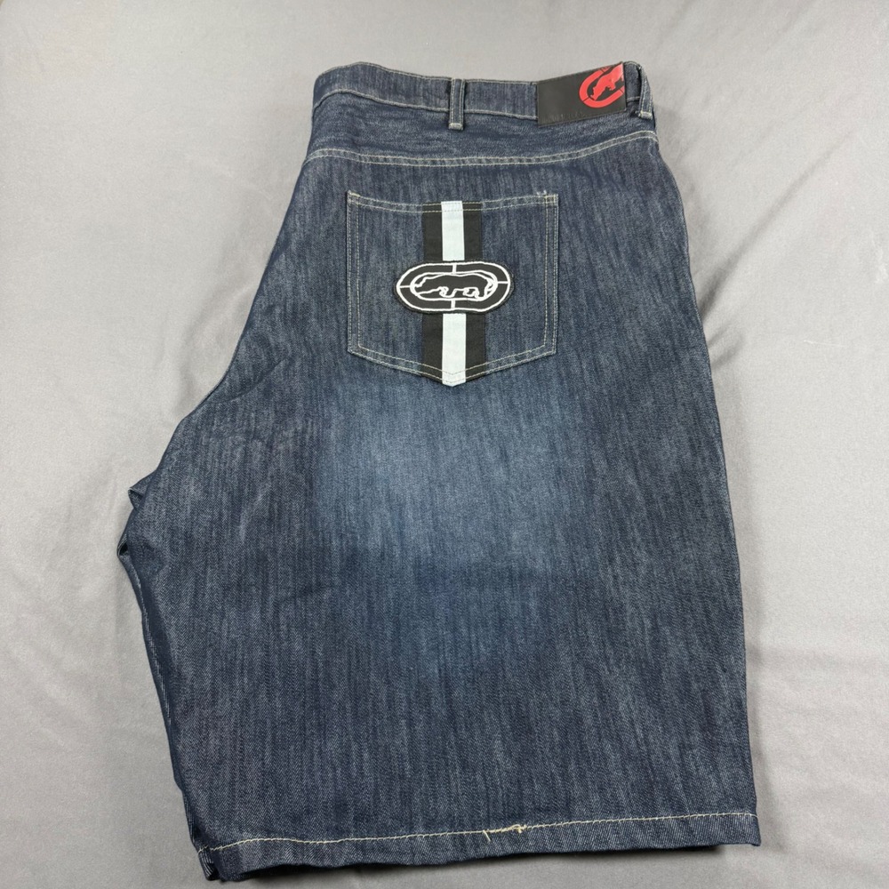 Ecko Unltd Mens Denim Shorts Size 48‎ Dark Wash Rhino Logo Y2K Streetwear Baggy